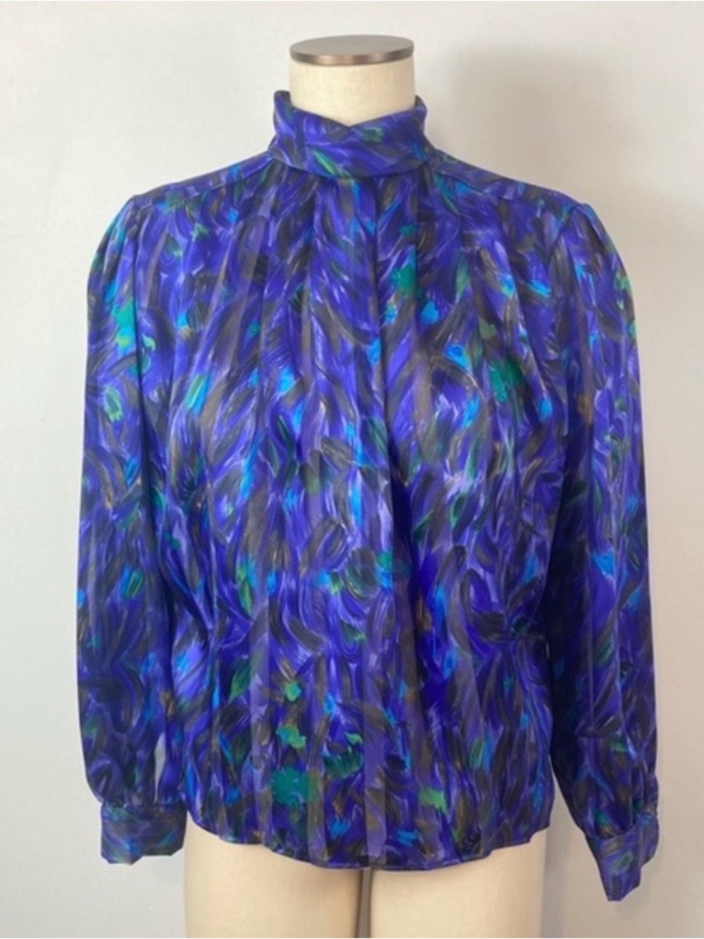 Vintage Anna Kristi High-Neck Purple/Blue Patterned Women's Blouse